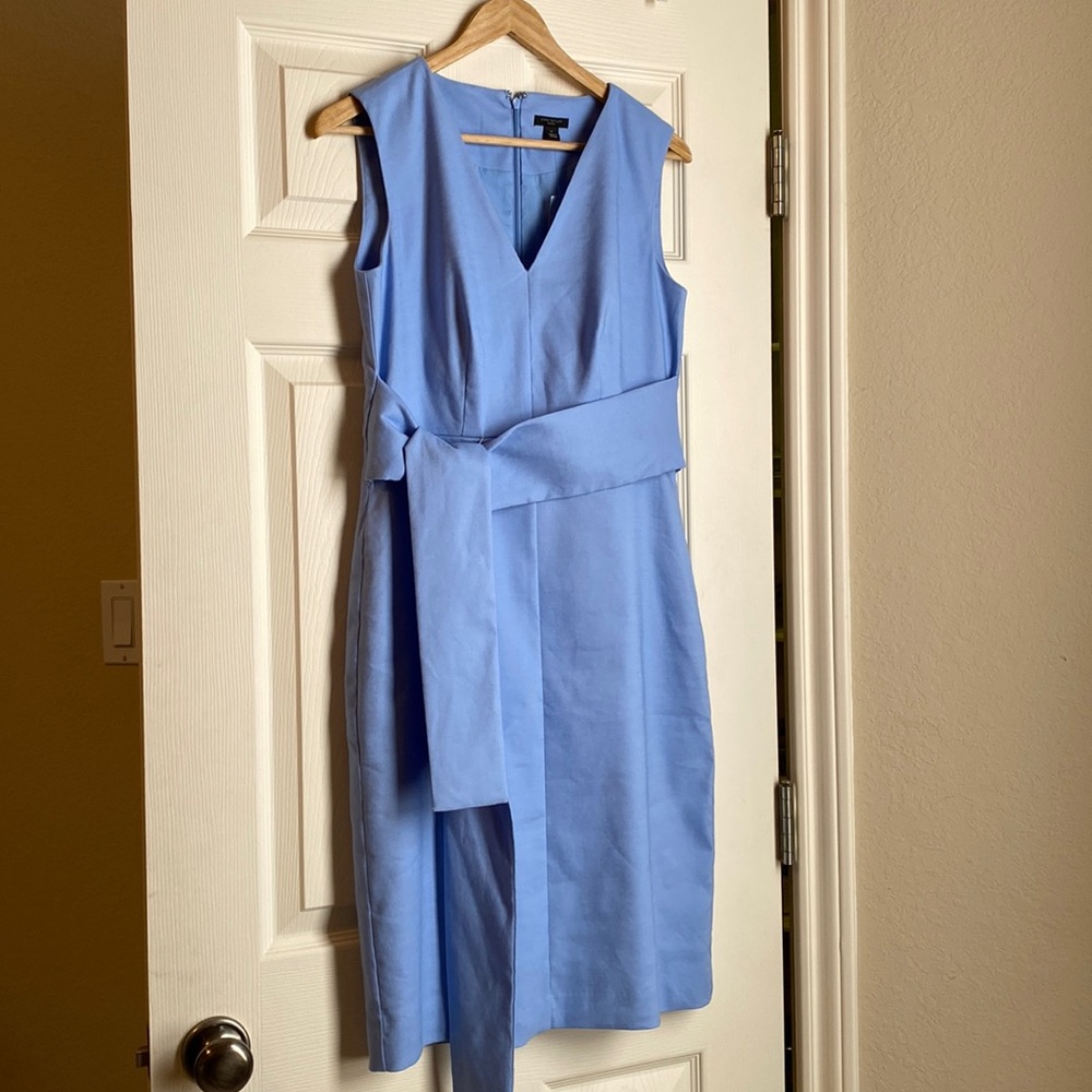 Ann Taylor Cornflower Blue V-Neck Midi Sheath Dress with Waist Tie